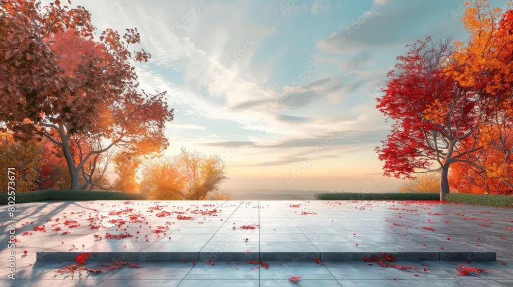 Poster a 3d render of a minimal landscape showing an empty square floor and green, under a colorful autumn 
