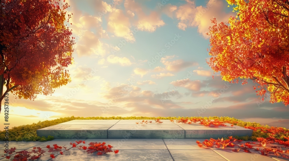 Poster a 3d render of a minimal landscape showing an empty square floor and green, under a colorful autumn 