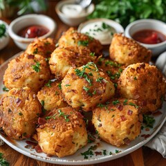 Fototapeta premium a large serving plate filled with golden, crispy fried mashed potatoes