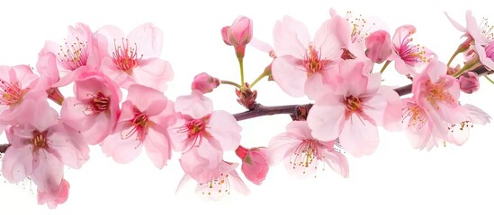 Pink cherry blossoms in spring. Isolated cherry tree branch adorned with pink flowers during the spring season on a white background.