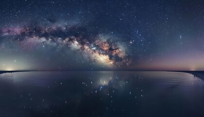 A panoramic view of the Milky Way over a tranquil ocean reflects the galaxys splendor on the waters surface, Sharpen realistic cinematic color high detail landscape background