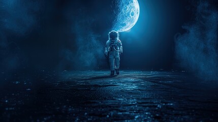 A man in a spacesuit stands on a rocky surface in front of a large moon