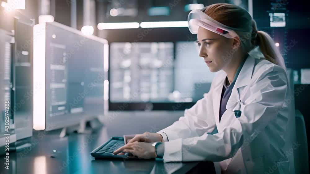 Poster scientist in lab coat working on computer generative ai