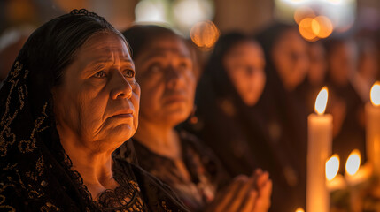 Fototapeta premium Mexican women in their sixties and seventies, wearing black headscarves on top of their hair, praying with hands folded while holding candles during an evening mass at church.hope and spiritual 