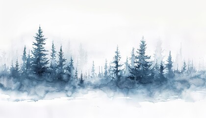 Fototapeta na wymiar A watercolor painting of a minimal scene of snowcovered pine trees, serene and quiet, on a white background