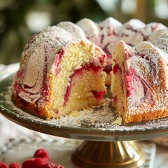 a Raspberry Swirl Coconut Snowball Cake on a ceramic plate