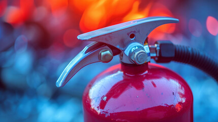 Intense Flames and Safety Measures: A Close-up View of a Fire Extinguisher’s Nozzle and Hose in Action