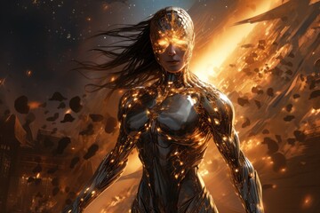 Powerful female warrior in golden armor