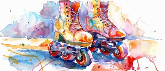 Obraz premium A watercolor painting of a cute pair of oldfashioned roller skates, on a white background