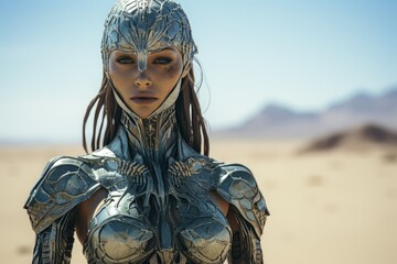 Obraz premium Futuristic warrior woman in desert landscape
