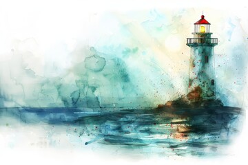 A watercolor painting of a simple lighthouse guiding ships with its bright light, on a white background