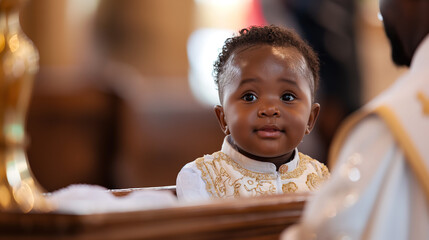 Cute African baby boy in white and gold vestment, sitting on the altar at church during a intricate...