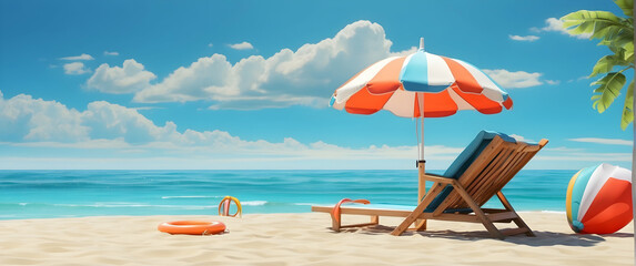 Bright and colorful beach scene depicting a perfect summer day with a beach chair and umbrella on the sandy shore