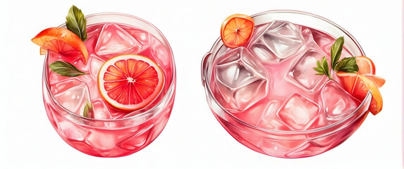 Vibrant digital illustration of two refreshing summer cocktails with ice and slices of orange and blood orange