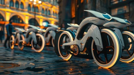 Bicycles equipped with AI navigate the city autonomously, waiting faithfully outside buildings for their owners Sharpen close up strange style hitech ultrafashionable concept