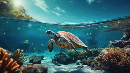 Underwater sea turtle swimming among coral reef