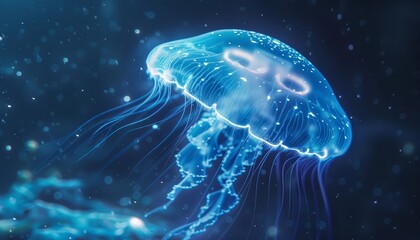 Fototapeta premium Close up cyber concept of a fluorescent jellyfish swimming in deep ocean
