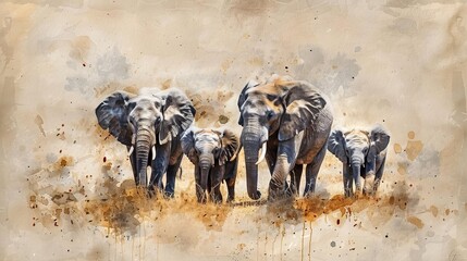 A group of elephants walking together in a field - obrazy, fototapety, plakaty