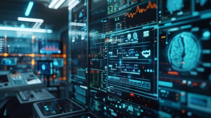 Fototapeta premium Closeup cyber concept of a futuristic nurse station featuring miraculous AI diagnostics tools, Sharpen Cinematic tone with blur background and no text, logo brand in photo