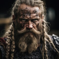 Fierce warrior with face paint and braided beard