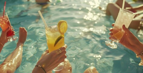 Friends taking a break from swimming to soak up the sun on lounge chairs each with a refreshing mocktail in hand.