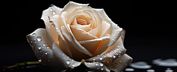 Delicate white rose with water droplets