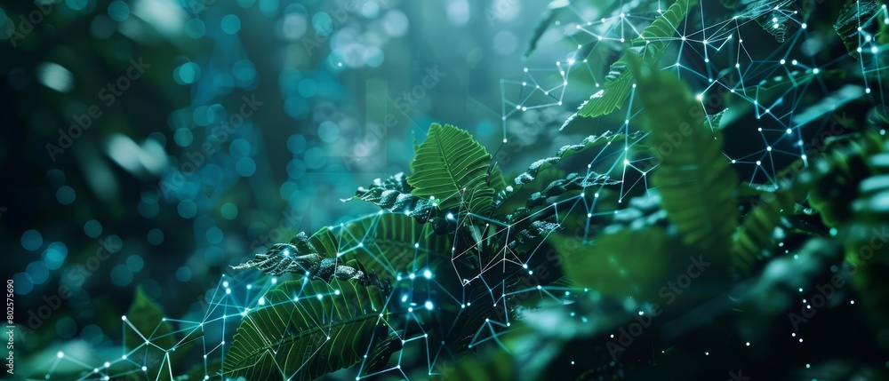 Poster closeup cyber concept of a virtual forest ecosystem displaying novel species interactions and growth