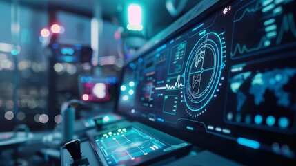 Closeup cyber concept of a futuristic nurse station featuring miraculous AI diagnostics tools, Sharpen Cinematic tone with blur background and no text, logo brand in photo