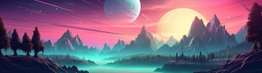 Serene alien landscape with mountains and lake