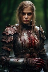 Fierce female warrior in battle gear