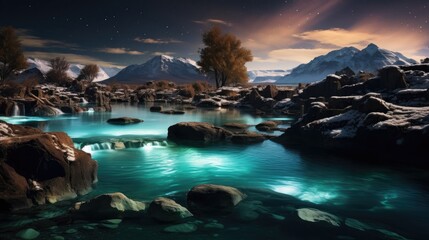 Serene mountain lake at night