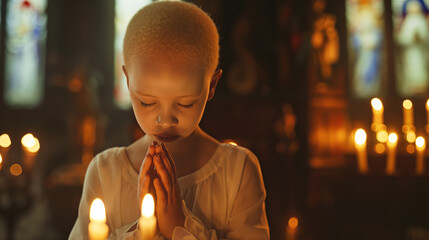  young albino girl with short hair is praying in the church. Candles light up around her and stained glass windows can be seen behind - Powered by Adobe