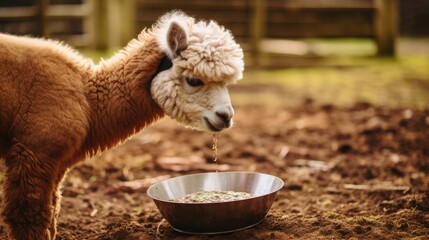 Cute alpaca drinking from bowl - obrazy, fototapety, plakaty