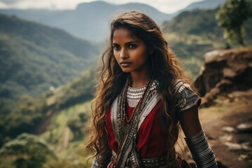 Adventurous woman in mountain landscape