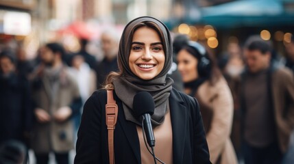 Smiling woman in hijab being interviewed on city street