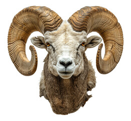 Majestic ram with large curved horns isolated on transparent background