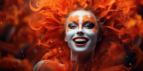 Vibrant orange feathered costume with dramatic makeup