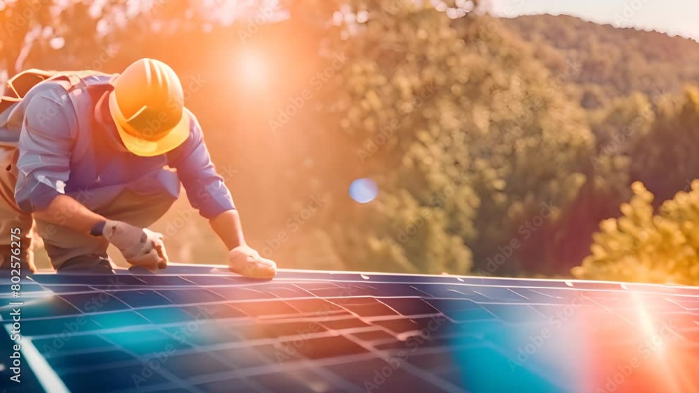 Poster Man Installing Solar Panel on Roof Generative AI