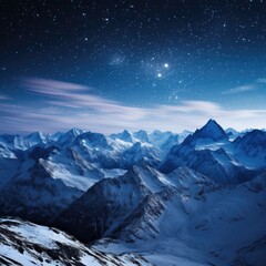 Majestic snow-capped mountains under a starry night sky