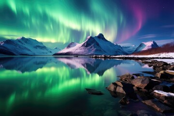 Breathtaking northern lights over snowy mountains and lake