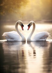 Fototapeta premium Graceful swans forming heart shape on serene lake