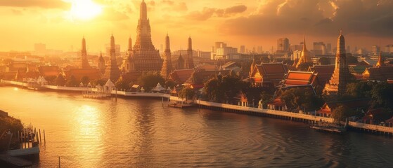 Obraz premium Explore the majestic temples of Thailand set against vibrant cityscapes, a perfect blend for an ads website banner Sharpen banner background concept 3D with copy space