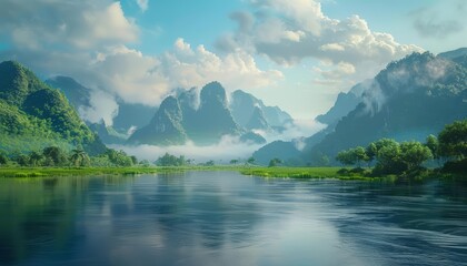 Naklejka premium Feel the serene landscapes of Laos, where time slows down, fitting for a background wallpaper on a travel blog Sharpen banner background concept 3D with copy space