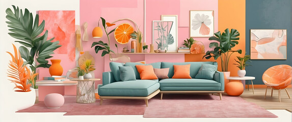 Modern, chic living room interior showcasing trendy furniture, plants, and art, reflecting a warm, stylish habitat