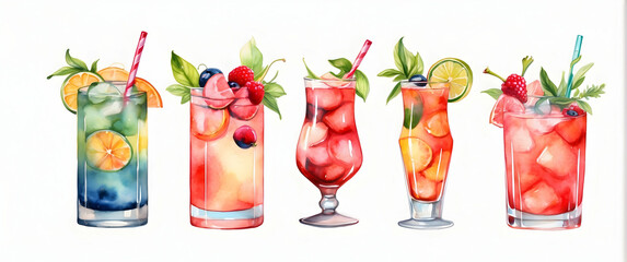 An array of beautiful summer cocktails painted in watercolor, showcasing vibrant colors and details