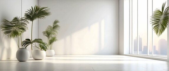 Fototapeta premium Elegantly minimal modern indoor space with potted palm plants against bright windows suggesting calmness and airiness