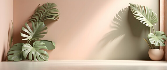 An arrangement of Monstera leaves is tastefully placed in a minimalistic space, offering a modern botanical aesthetic