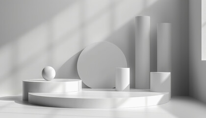 This image displays a simple 3D rendering of geometric shapes, including cylinders and spheres, arranged in a minimalist composition with soft shadows and light.