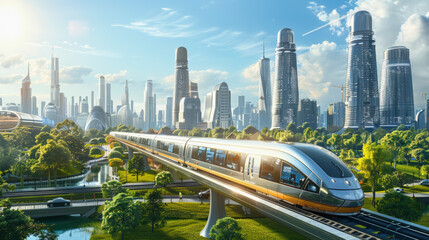 Futuristic cityscape with advanced high-speed train, skyscrapers, lush greenery, and a clear sky, conveying a blend of technology, urban development, and environmental sustainability.