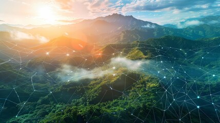 Trek the rugged terrain of East Timor, an emerging destination for ecotourists, showcased in an abstract molecules banner Sharpen banner background concept 3D with copy space